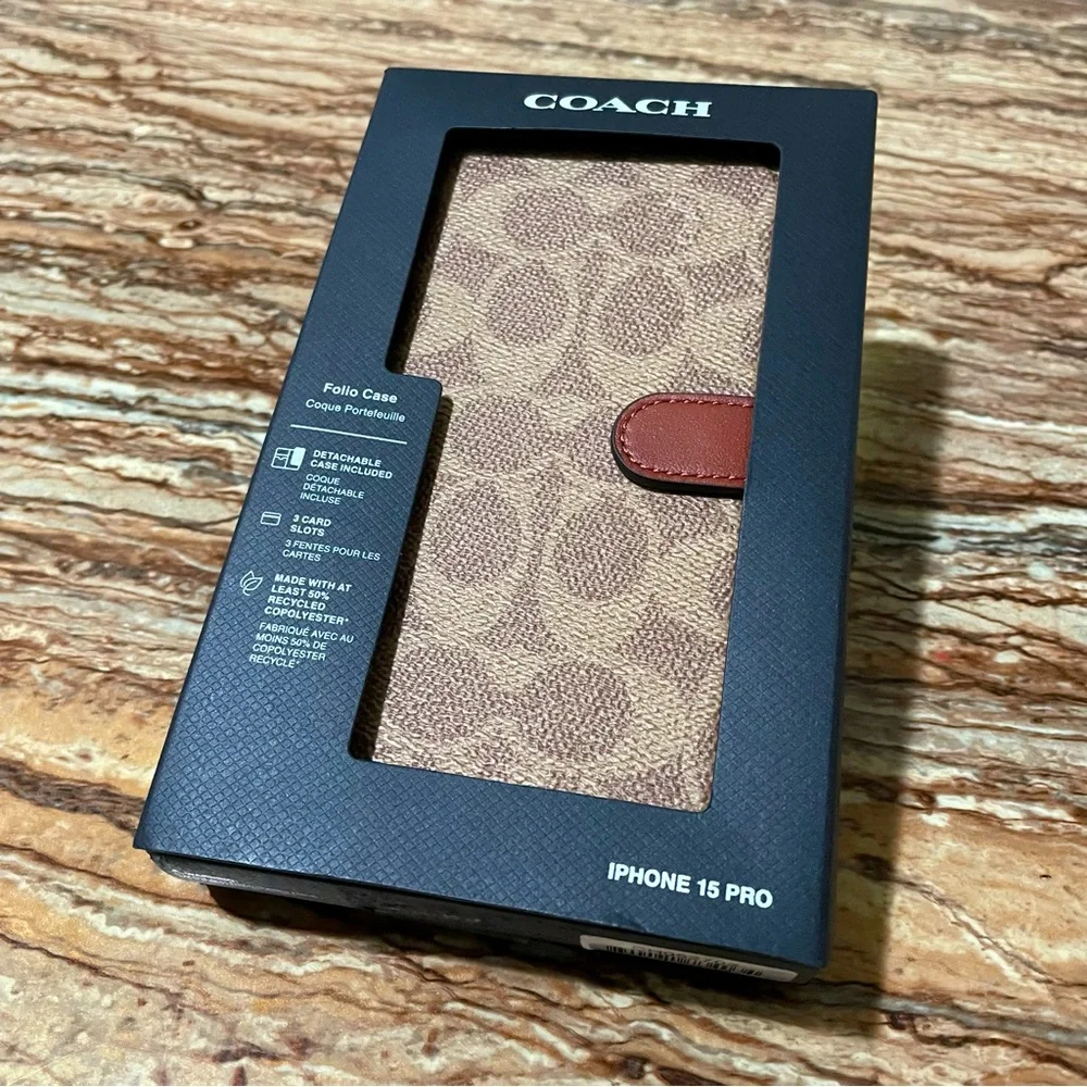 Coach Phonecase Brown Signature C Monogram Logo Folio Wallet Case iPhone 15 Pro